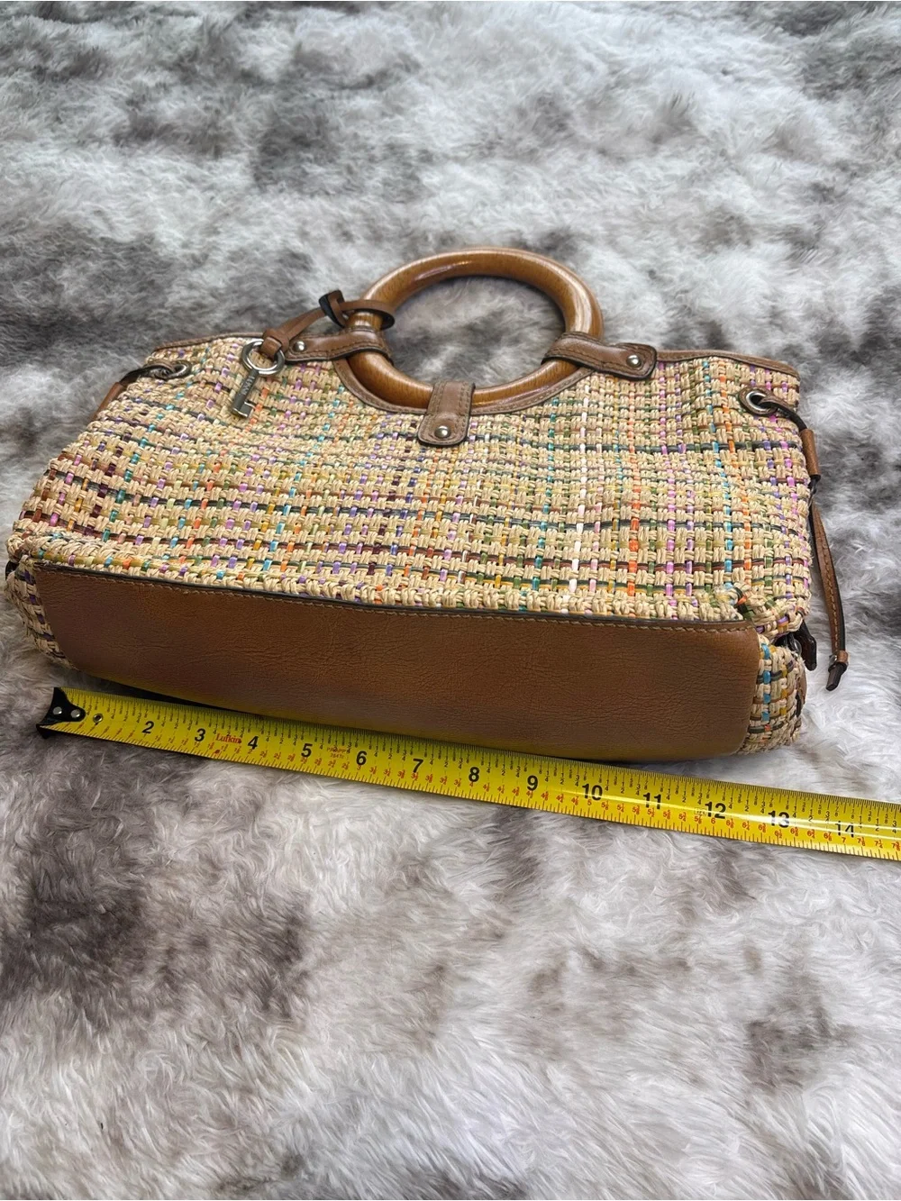 Fossil Multicolor Woven Tote with Wood Ring Handles